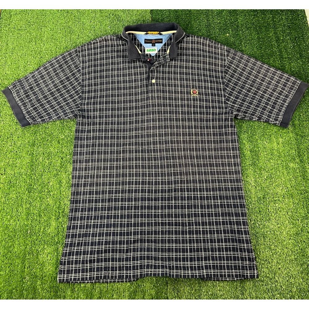 Tommy Hilfiger Golf Mens Large Navy Blue White Grid Check Pique Polo Shirt